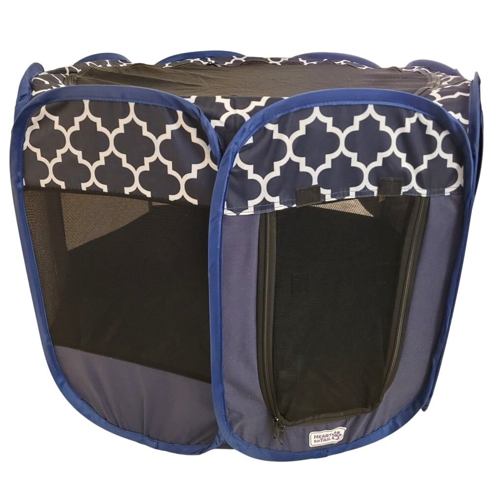 Heart to Tail Foldable Pet Playpen Zippered Mesh Top Navy & White Indoor/Outdoor - Picture 1 of 10